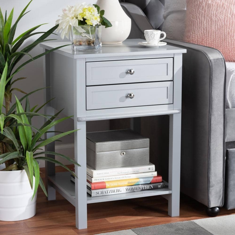 Modern Nightstand with Tapered Legs and Light Grey Wood Grain Finish