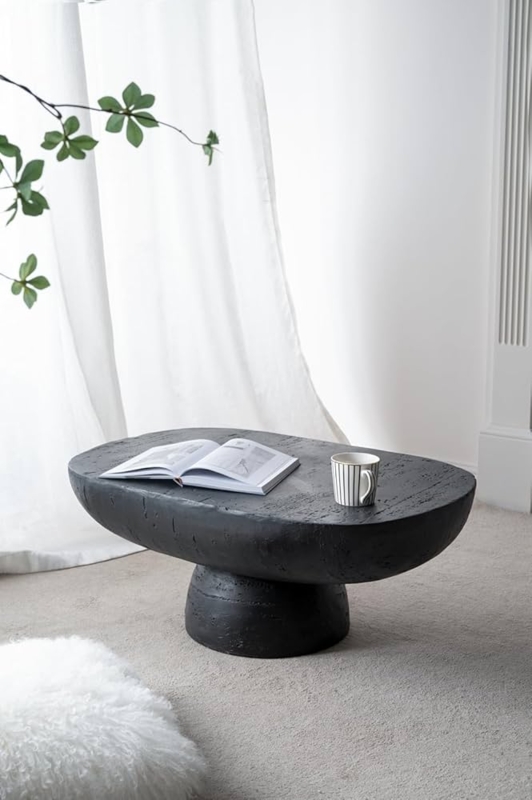 Modern Oval Coffee Table Black Cement-Like Pedestal Base
