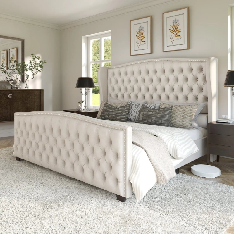 Modern Platform Bed Cream Velvet Vertical Channel Tufting