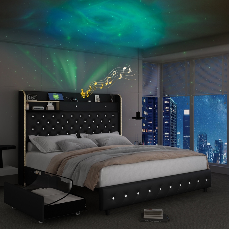 Modern Platform Bed featuring Built-in Galaxy Projector and Storage