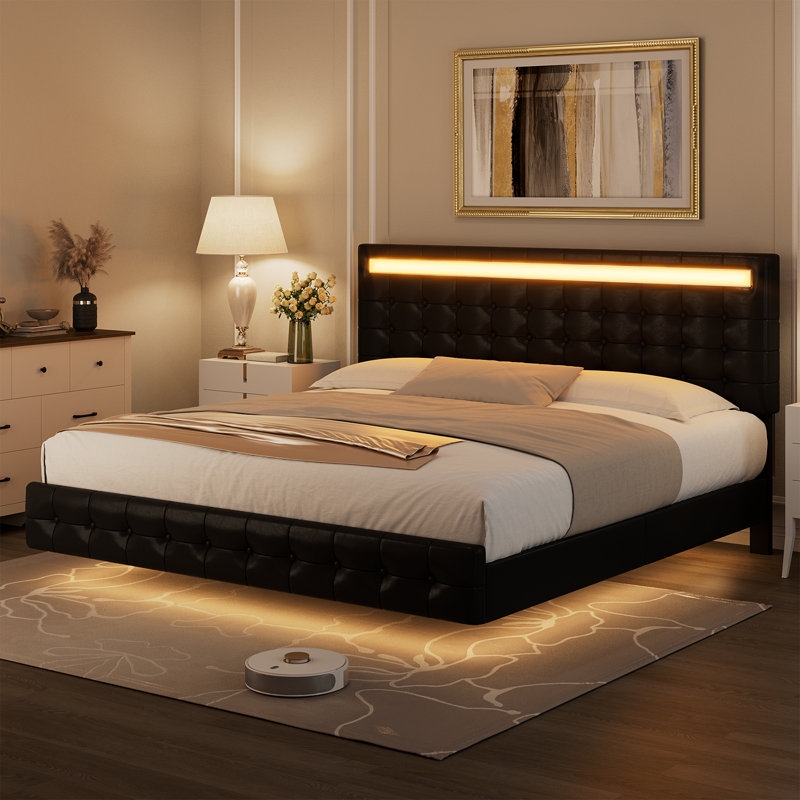 Modern Platform Bed Integrated LED Lighting Curved Headboard Black