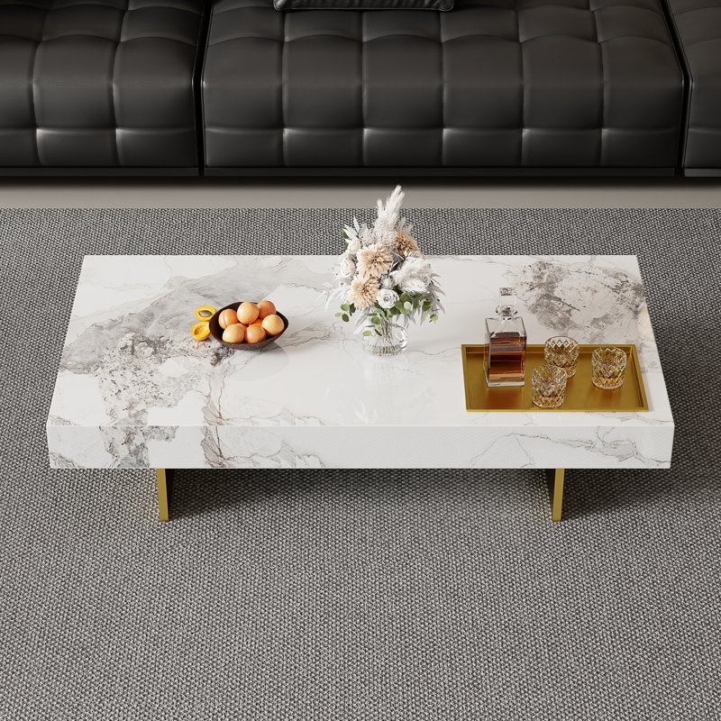 Modern Rectangular Coffee Table with Glossy Faux Marble and Gold U-Legs