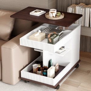 Modern Rotating Side Table with White Base and Wood Grain Top