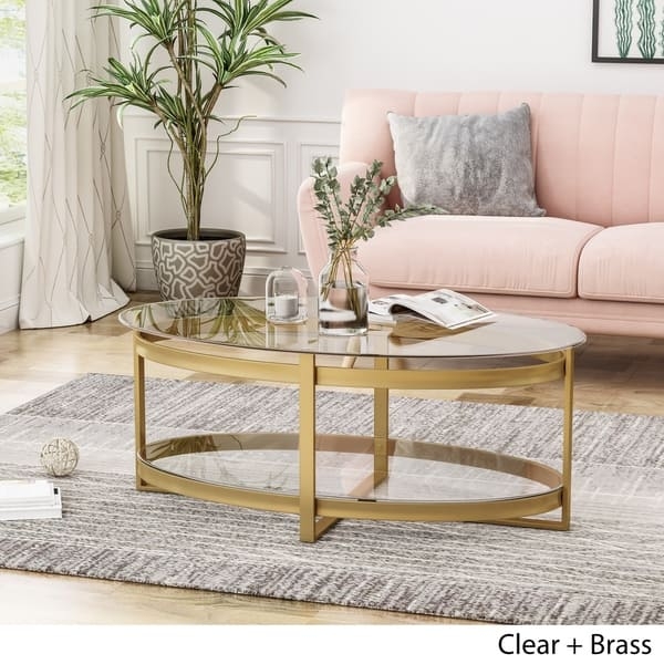 Modern Round Coffee Table with Tempered Glass Top and Gold X-Frame