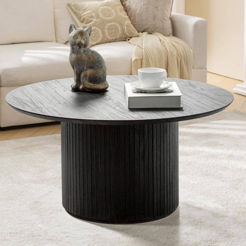 Modern Round Coffee Table Wood Slatted Drum Base Textured