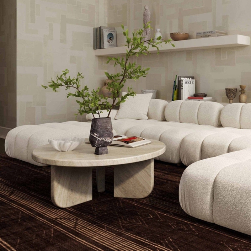 Modern Round Concrete Coffee Table Fluted Base Matte Gray