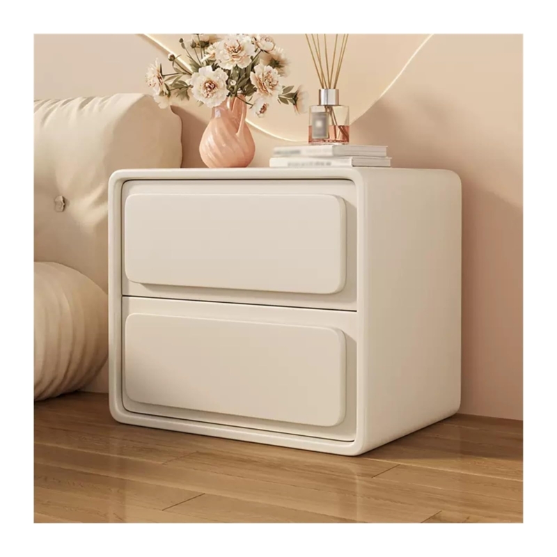 Modern Rounded Nightstand with Leather-Like Upholstery and Gold Pulls