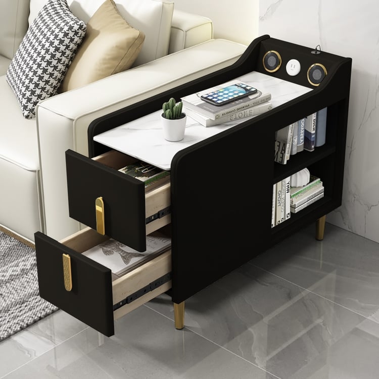 Modern Side Table Black Pedestal with Stone-Like Top and Speaker