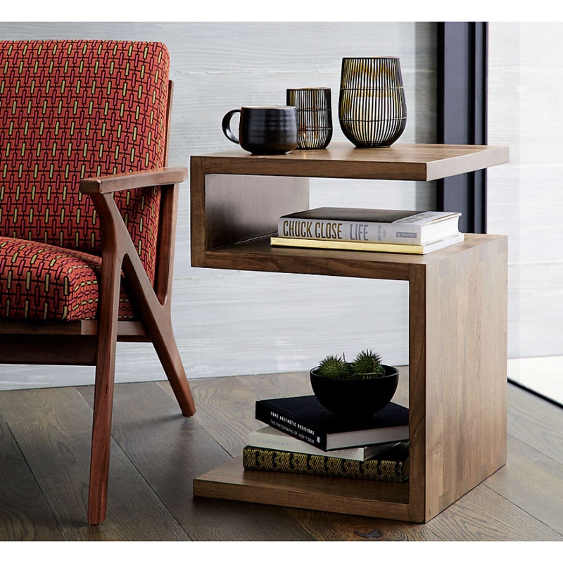 Modern Side Table: Dark Wood-Toned Finish with Geometric Faceted Pedestal