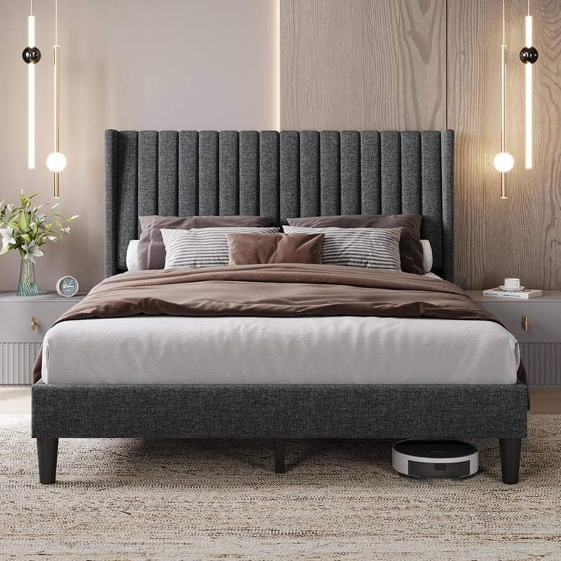 Modern Transitional Bed Wing Edge Design Upholstered Frame