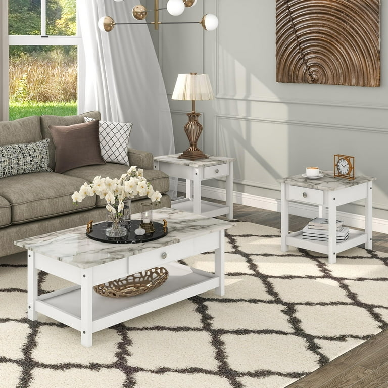 Modern Two-Tone Coffee Table Set White Wood Cubby Storage