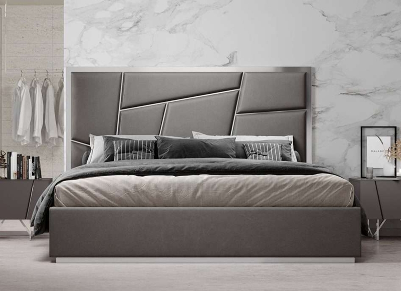 Modern Upholstered Bed with Channel Tufted Wingback and Copper Legs