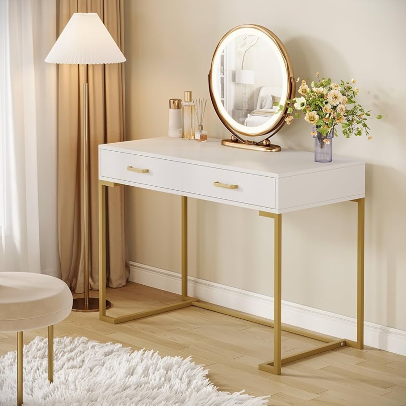 Modern Vanity Desk with Gold X-Frame and Center Niche Storage