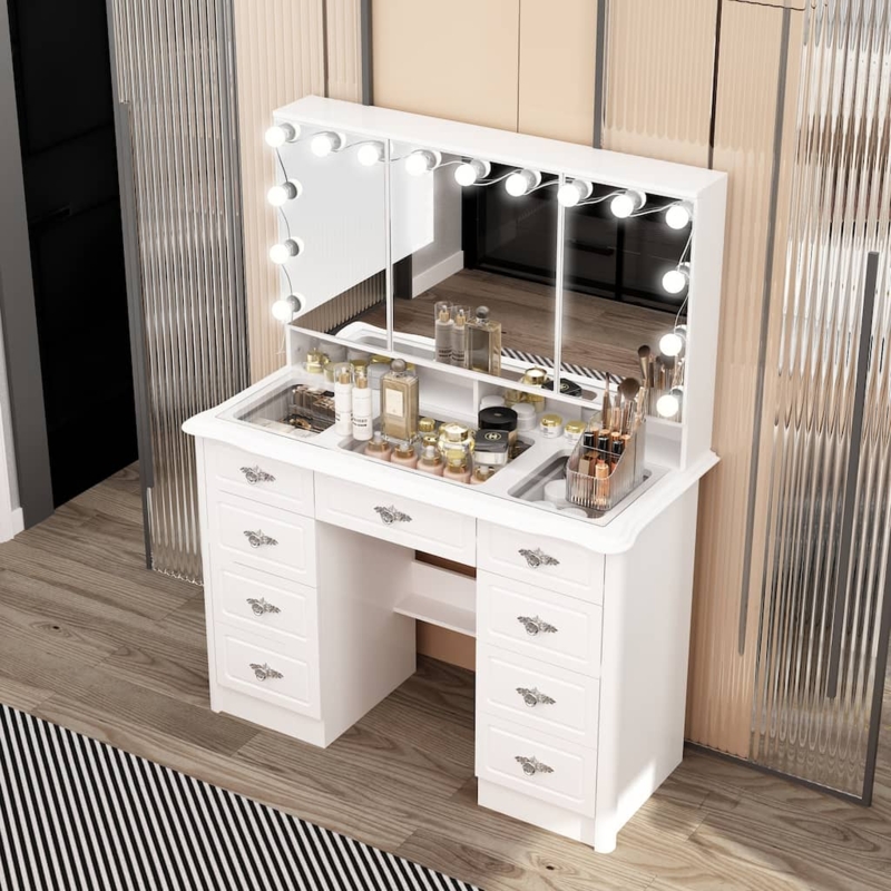 Modern Vanity with Flip-Top Mirror, Integrated Ring Light, Gold Accents