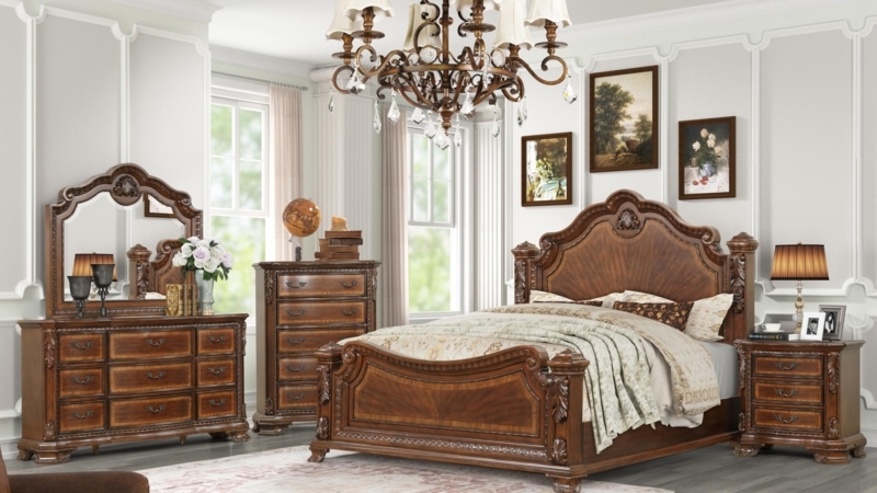 Modern Walnut Bedroom Set with Integrated Lighting & Platform Bed