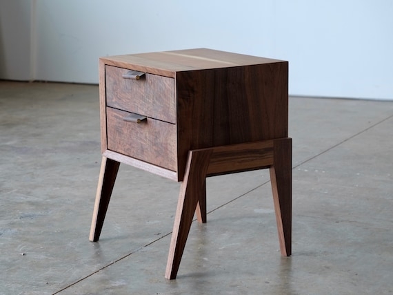 Modern Walnut Nightstand with Open Storage Shelf and Slim Pull