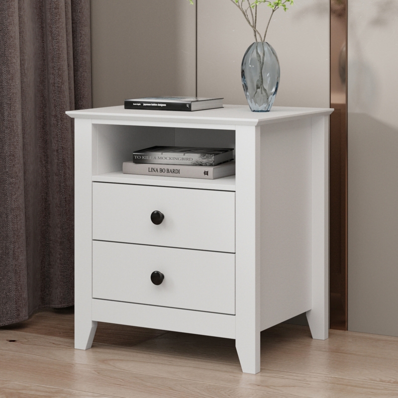 Modern White and Gold Nightstand with Open Cubby and Metal Legs