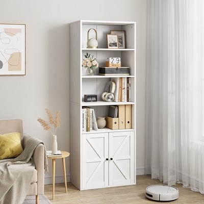 Modern White Bookshelf Featuring Ribbed Cabinet Doors and Gold Knobs