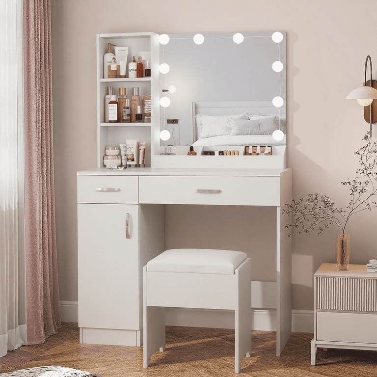 Modern White Makeup Vanity with 10 LED Lights and Power Station