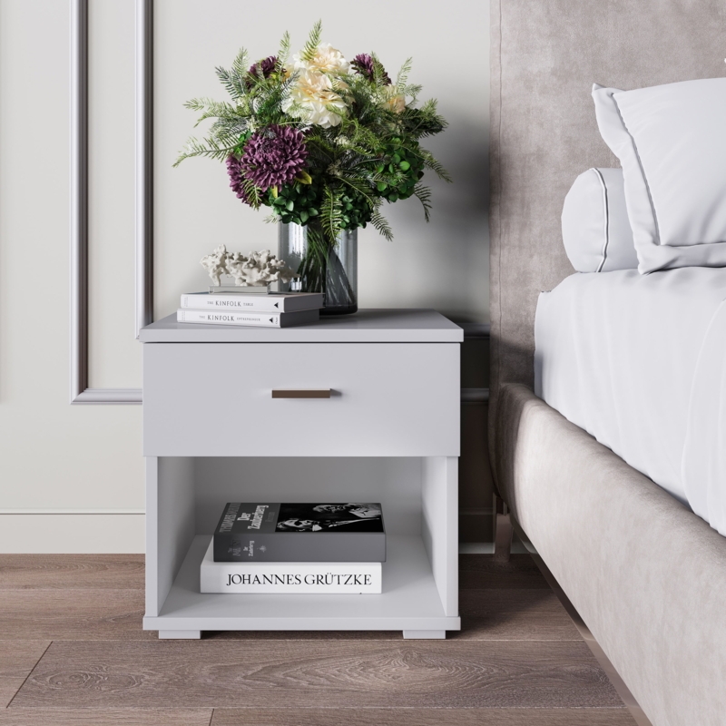 Modern White Nightstand with Silver Handle and Open Shelf