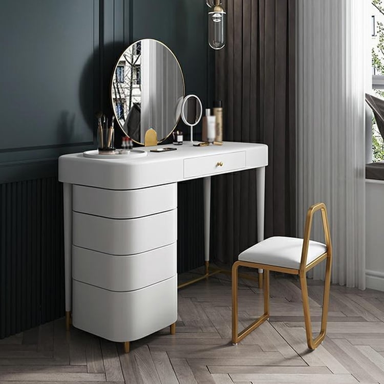 Modern White Vanity Desk with Lighted Round Mirror and Stone-Like Top