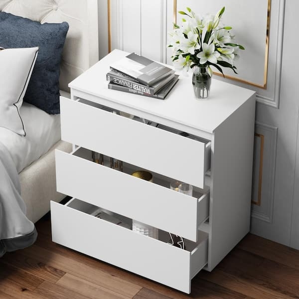 Modern Wide Nightstand in White Finish with Three Drawers & Gold Knobs