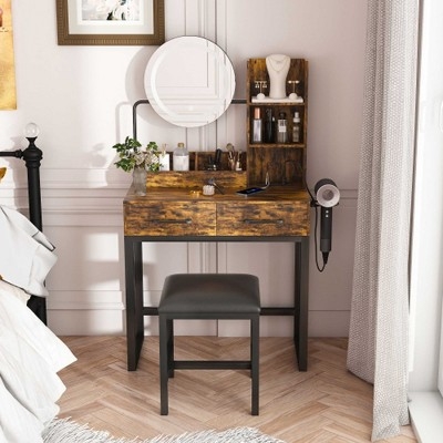 Modern Wood Toned Vanity with Flip-Top Mirror and Built-In Outlet