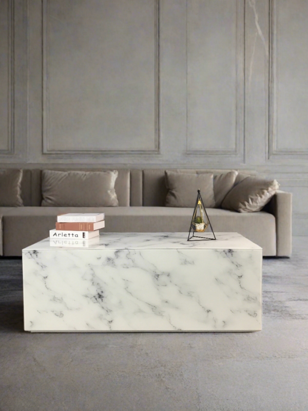 Monolithic Block Coffee Table with Minimalist Faux Stone Veining