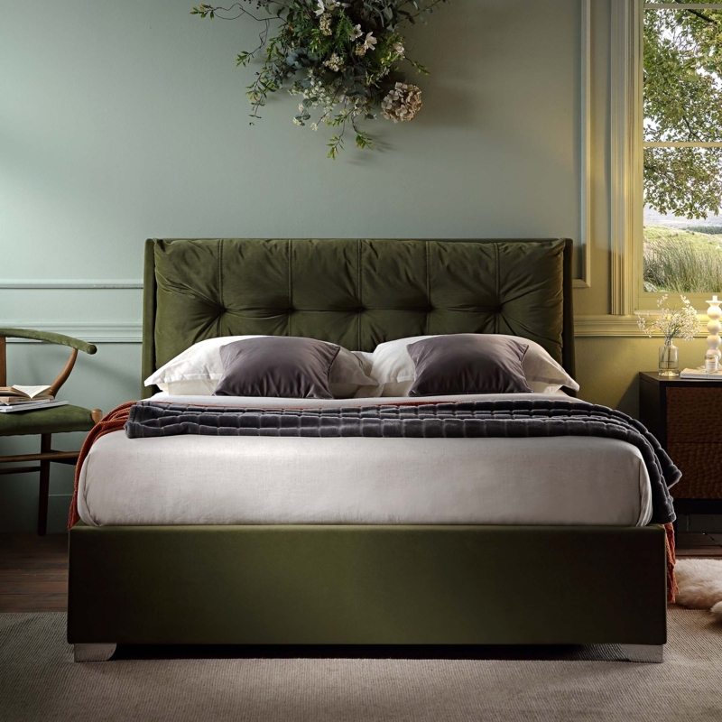 Moss Green Velvet Storage Bed Ottoman Lift Wingback Headboard
