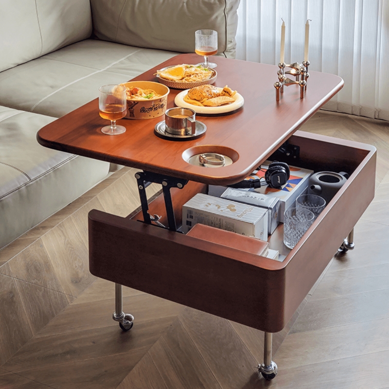 Multitiered Living Room Storage Table, Caramel Wood & Locking Wheels