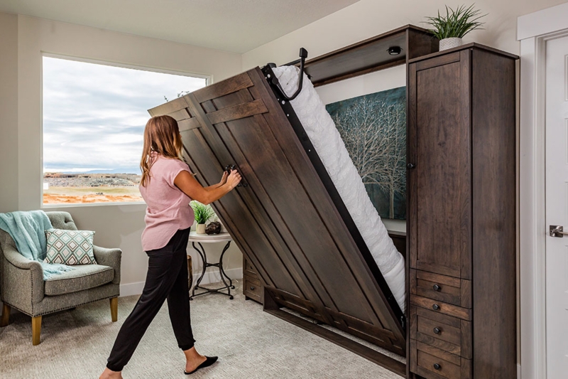 Murphy Bed Cherry Finish with Integrated Shelving and Side Cabinets