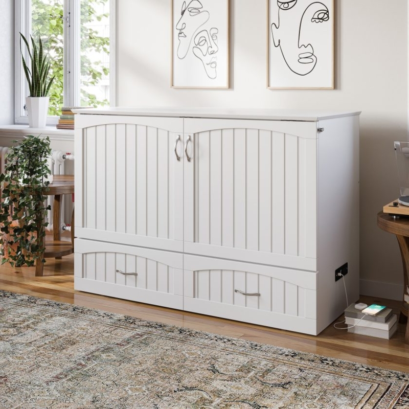 Murphy Bed Chest White Shaker Style with Integrated Charging Station