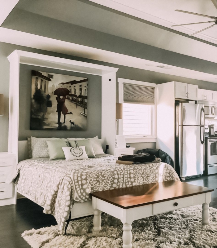 Murphy Bed Dark Brown Wood Finish with Integrated Headboard Shelving