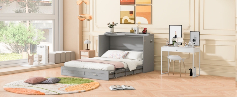 Murphy Bed Full Size Wood Toned with Built In Power Outlet and Drawers