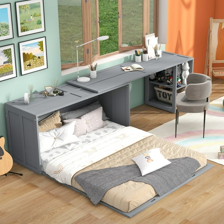 Murphy Bed Gray Horizontal Orientation with Integrated Desk and Shelving