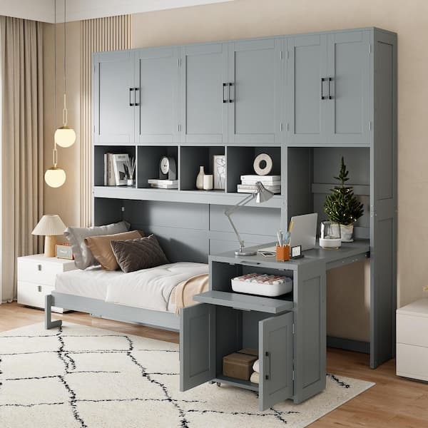 Murphy Bed Grey Twin with Integrated Desk and Three Drawer Storage