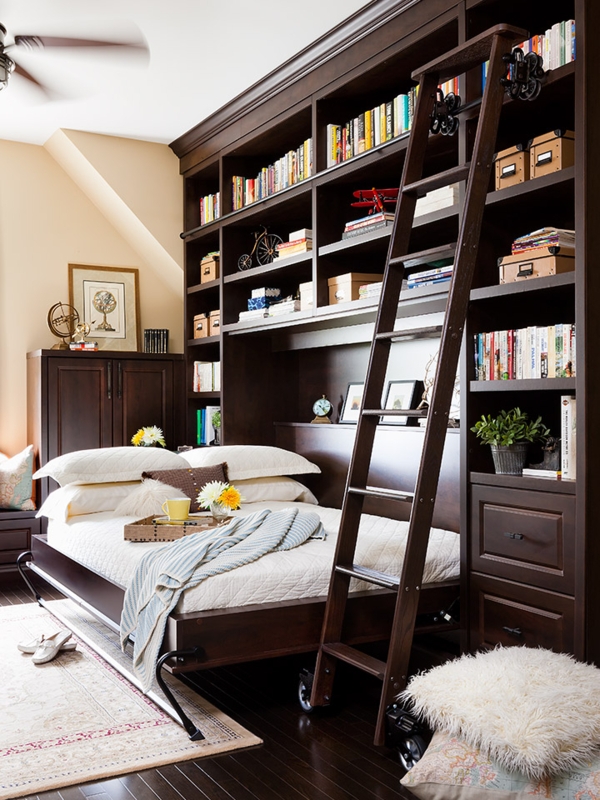 Murphy Bed Light Wood Tone with Built In Ladder and Shelving