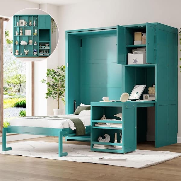 Murphy Bed Teal Cabinet Style Vertical Fold Silver Bar Pulls