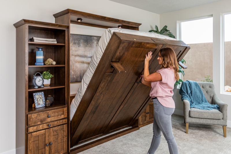 Murphy Bed Warm Brown Wood with Integrated Desk and Built In Shelving