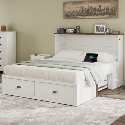 Murphy Bed White Cabinet Chest with Storage Drawer Integrated Outlets