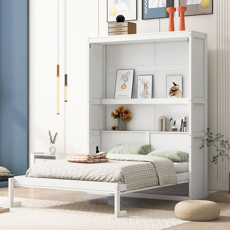 Murphy Bed with Integrated Bookcase Shelving, White Wood Cabinet