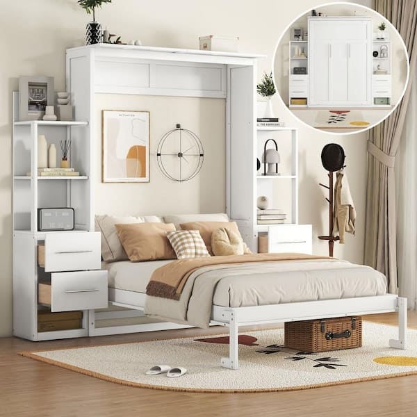 Murphy Bed with Led Shelving and Four Drawer Base in White
