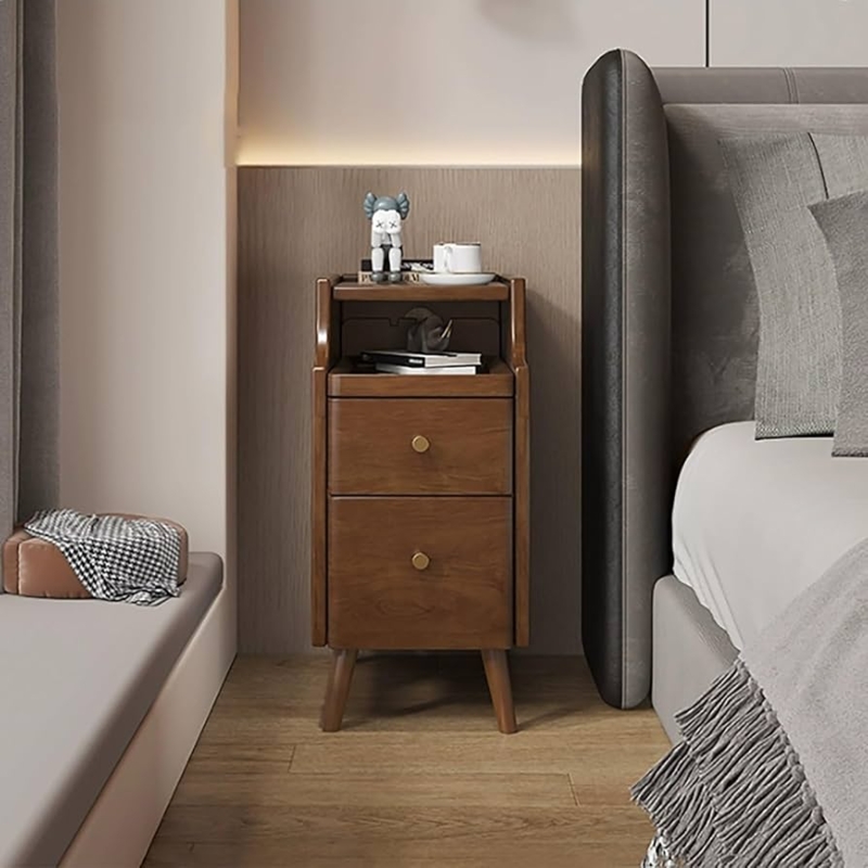 Narrow Bedside Table, White and Walnut Finish, Tapered Legs