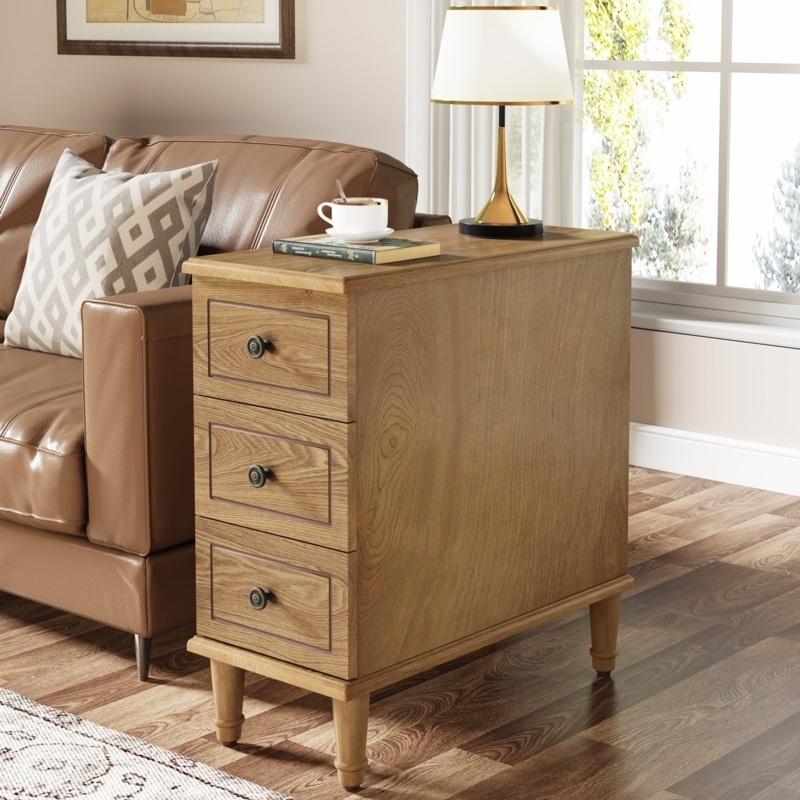 Narrow Black Nightstand with Rounded Edges and Three Drawers
