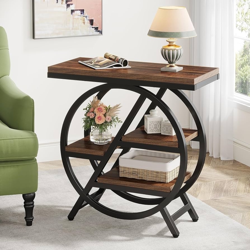 Narrow End Table 3-Tier Geometric Metal Frame Industrial Style