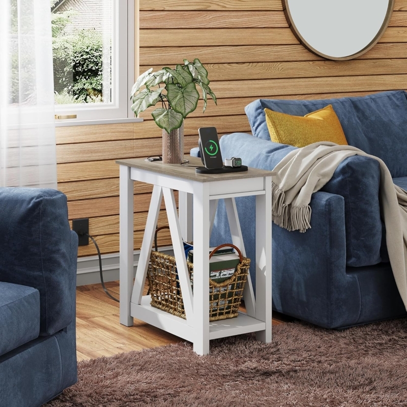 Narrow End Table Charcoal Black Charging Station Shelf Farmhouse