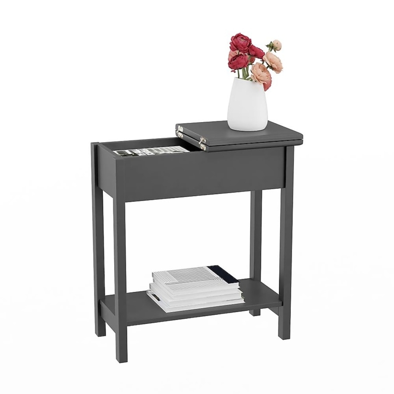 Narrow End Table Flip Top Hidden Storage Lower Shelf Matte Finish