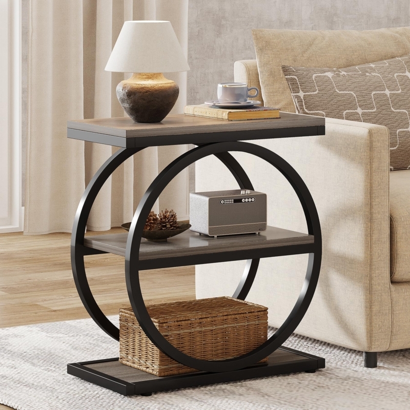 Narrow End Table Gray Wood Toned Three Tier Industrial Style