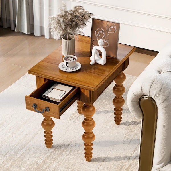 Narrow End Table Natural Wood Single Drawer Open Shelf Rustic