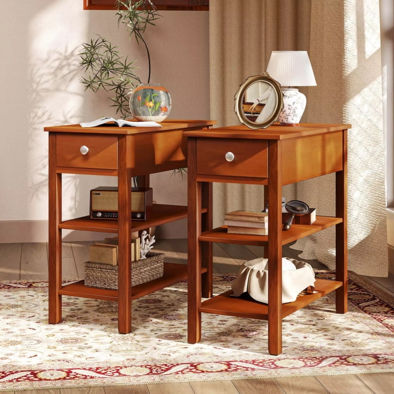 Narrow End Table Set featuring Two-Tone White and Light Wood Finish